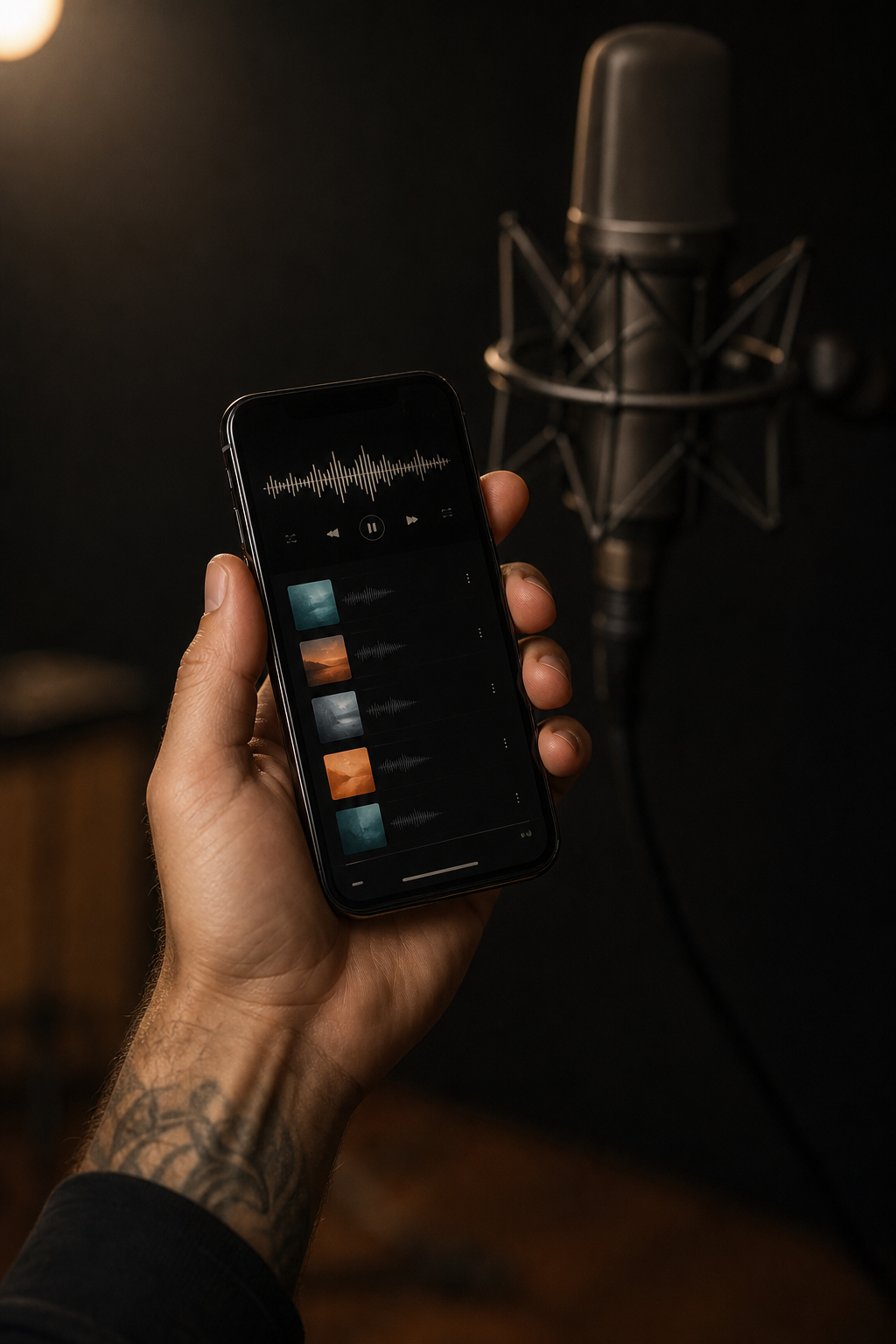 Músico usando la app de 7KINGIN en su teléfono dentro de un estudio