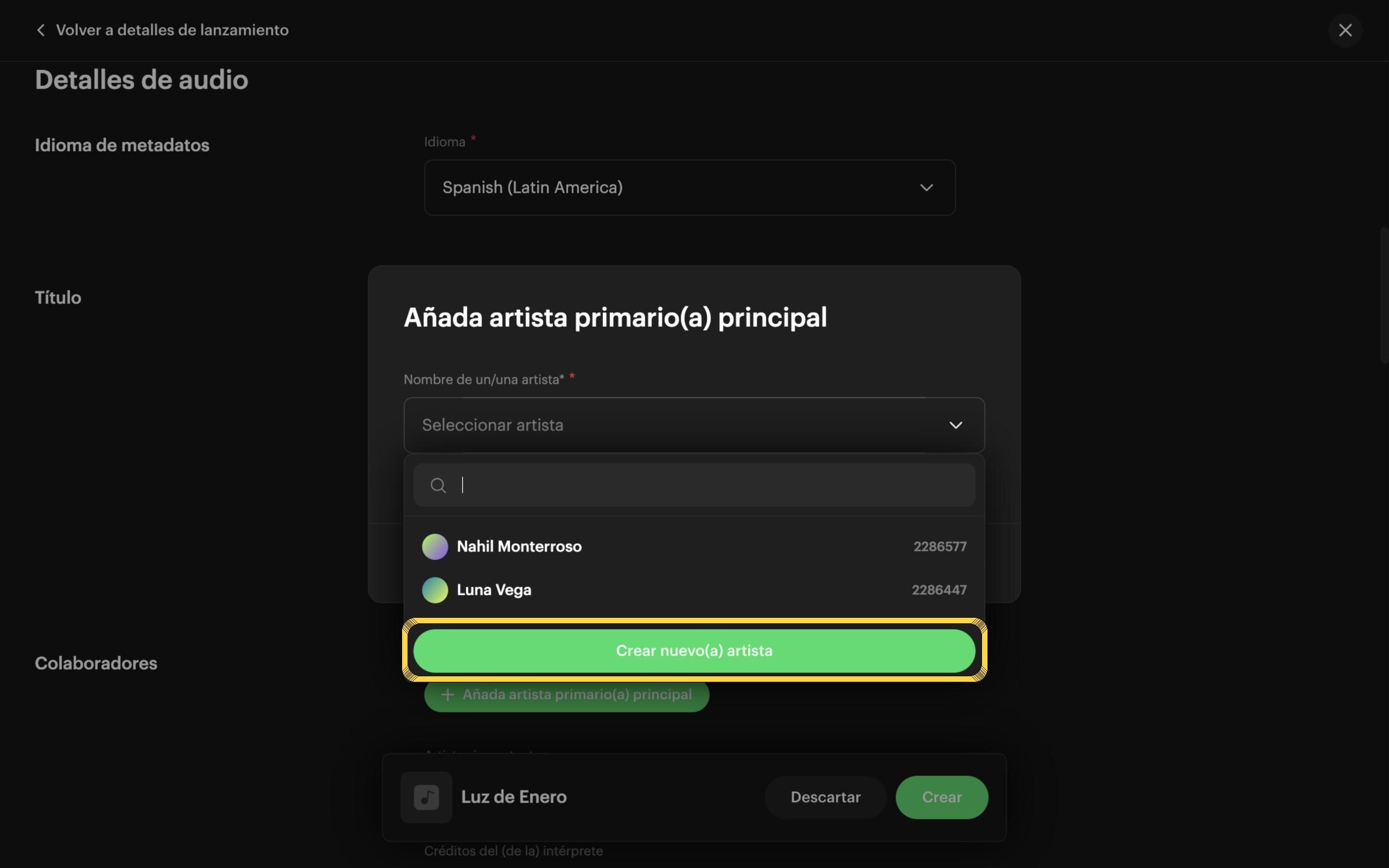 Paso 13: Haz clic en «Crear nuevo(a) artista»