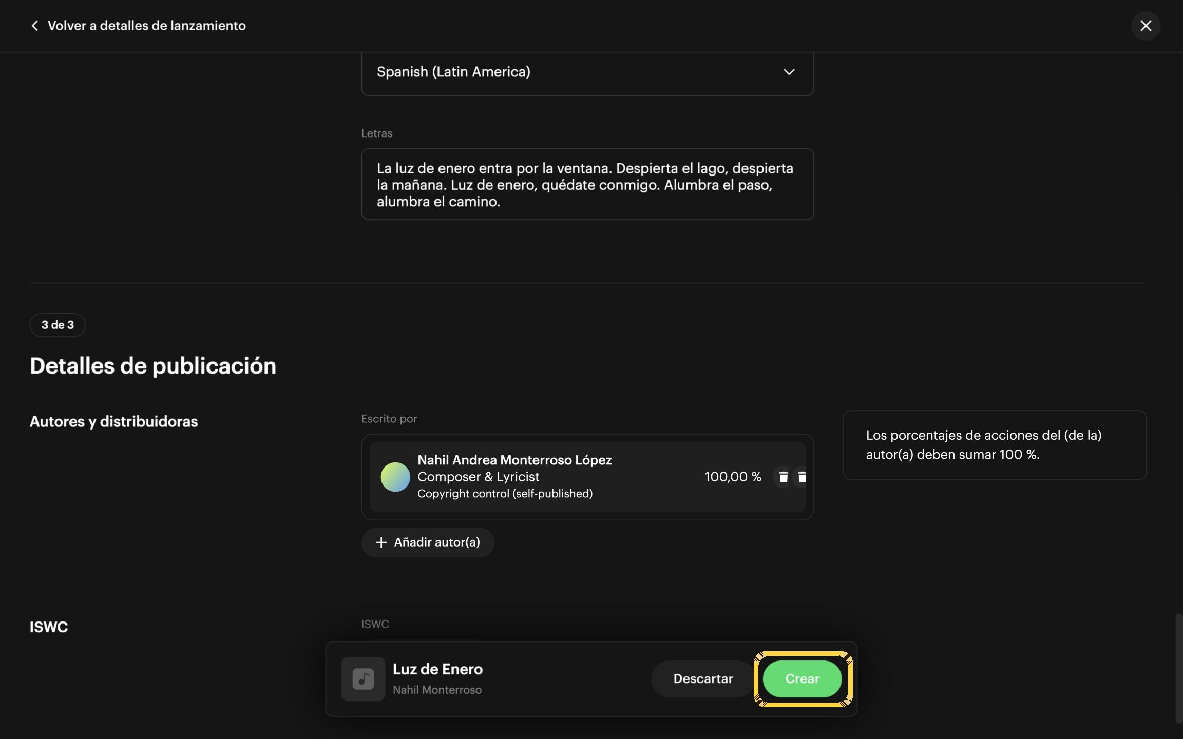 Paso 35: Guarda la canción: haz clic en «Crear»