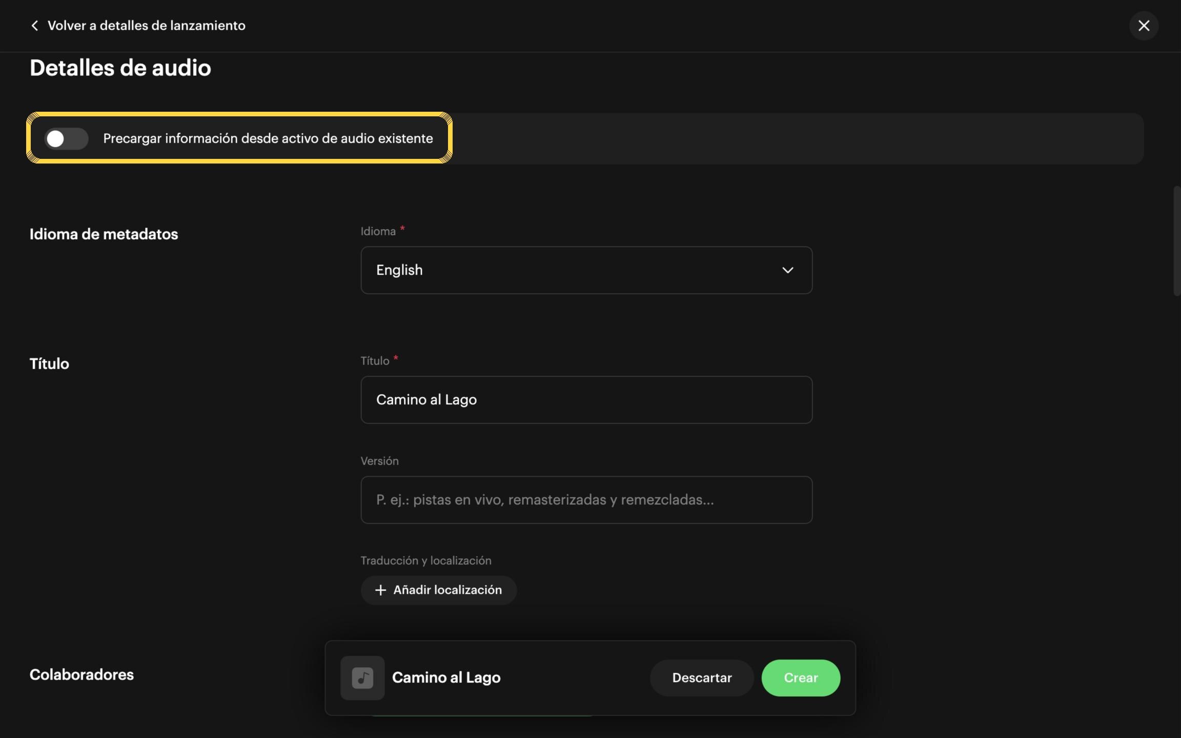 Activa la importación de datos desde un audio existente