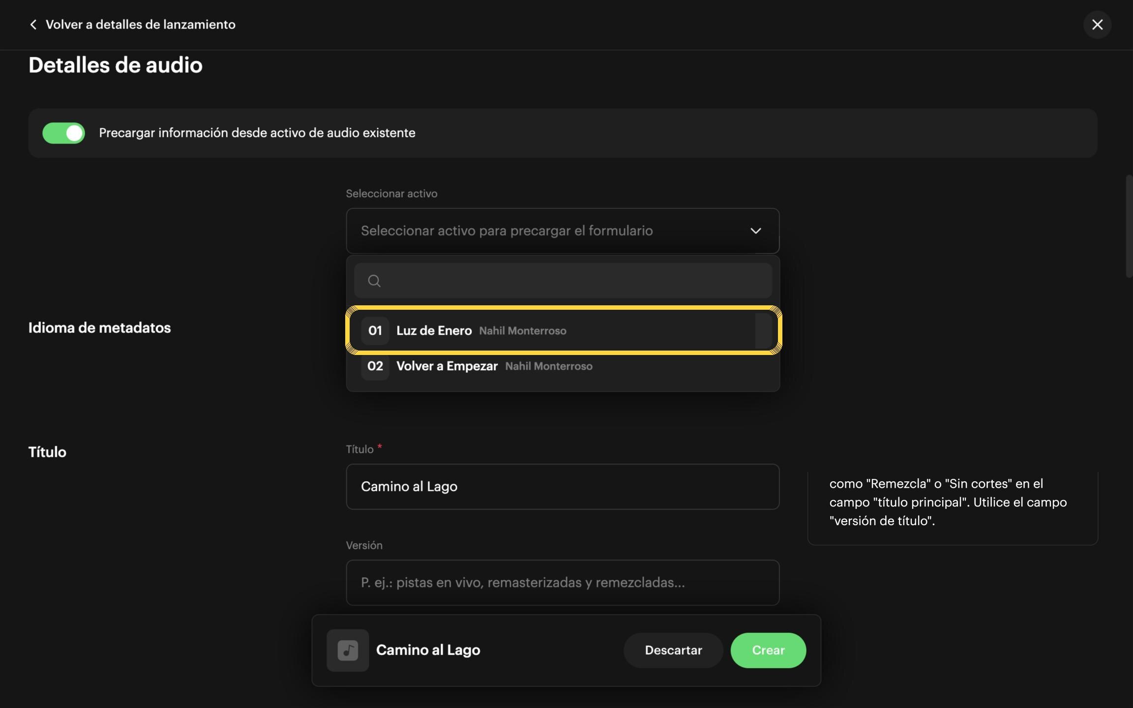 Selecciona la canción de referencia para importar datos