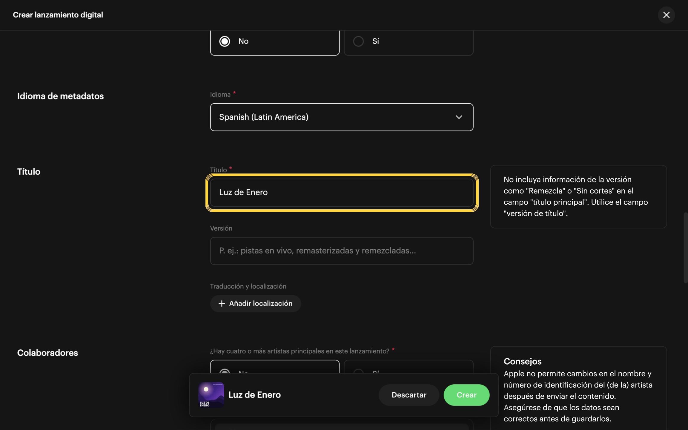 Paso 42: Revisa el título del lanzamiento